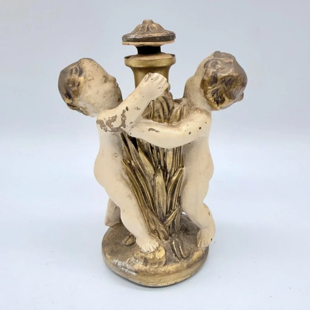 Vintage Cherub Putti Figural Lamp Base Finial Gold Cream Antique Style 4.75